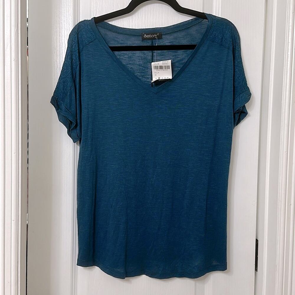 Santory V neck teal short sleeve tee lace shoulder cuffed L